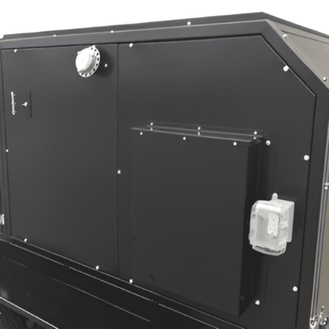 Flagro Indirect Fired Oil Heater Trailer FVO-1100TR close-up of heavy-duty steel housing and access panel