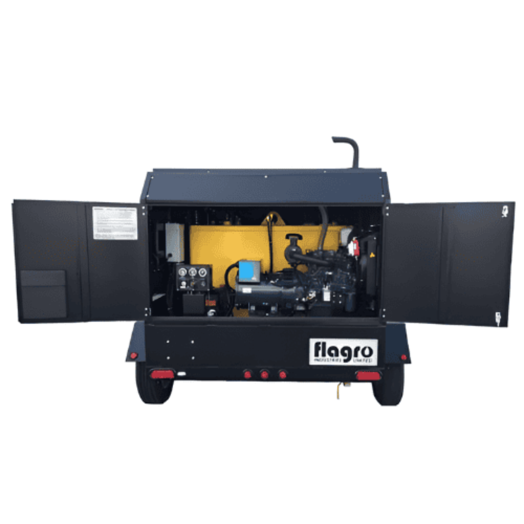 Flagro Indirect Fired Oil Heater Trailer FVO-1100TR rear view showing duct connections and airflow outlets