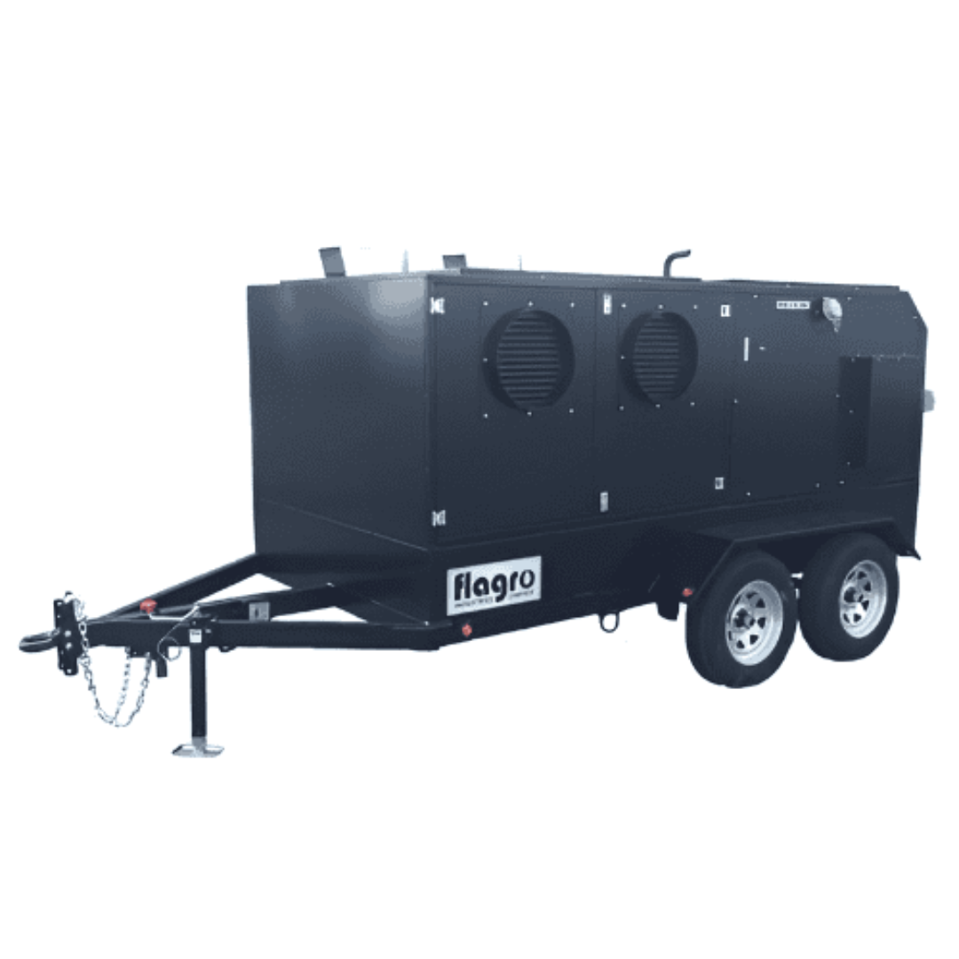 Flagro Indirect Fired Oil Heater Trailer FVO-1100TR side view showing trailer-mounted design for transport and deployment