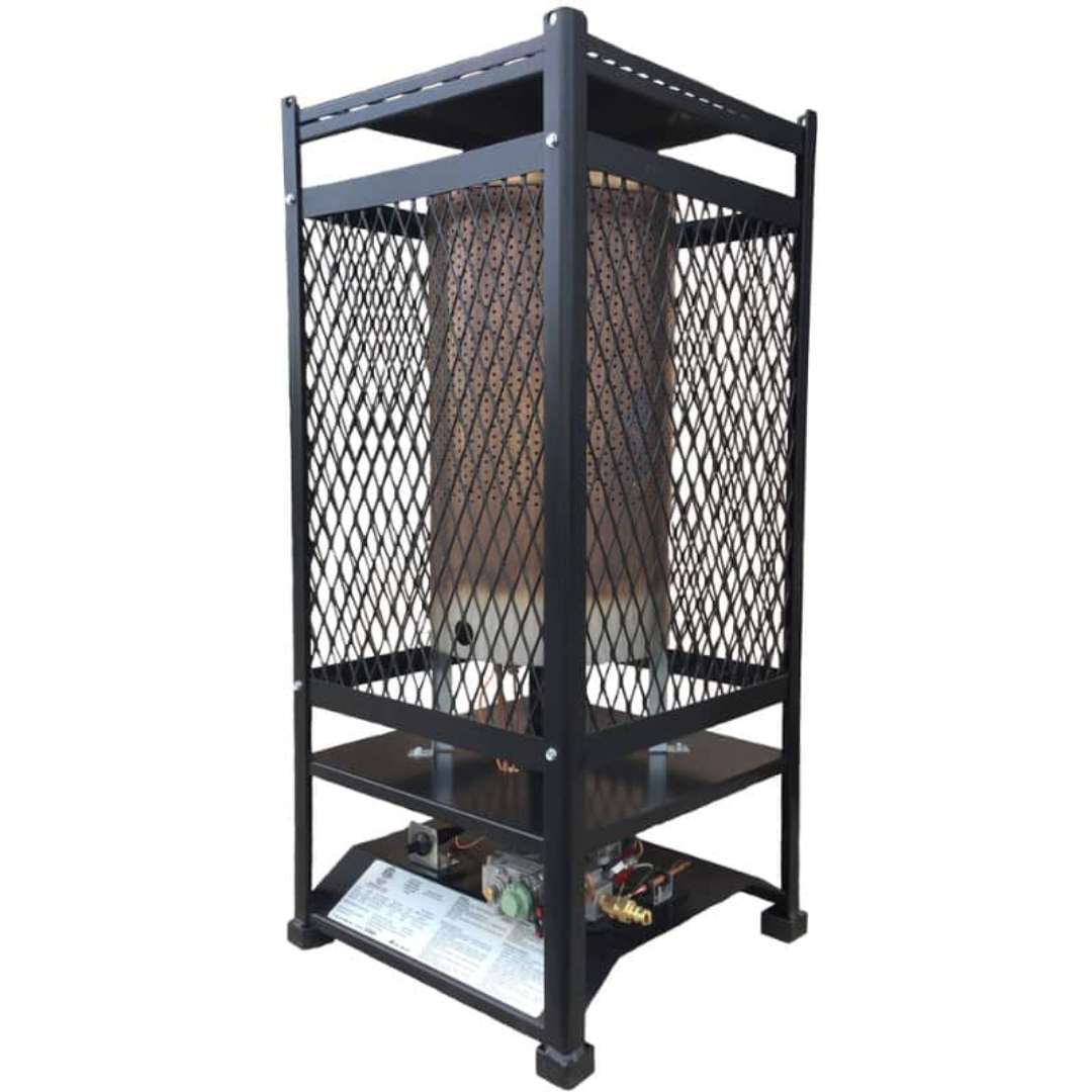 Flagro Radiant Heater FRHR-100N angled view showing durable frame construction and protective mesh for safe industrial and construction site heating.