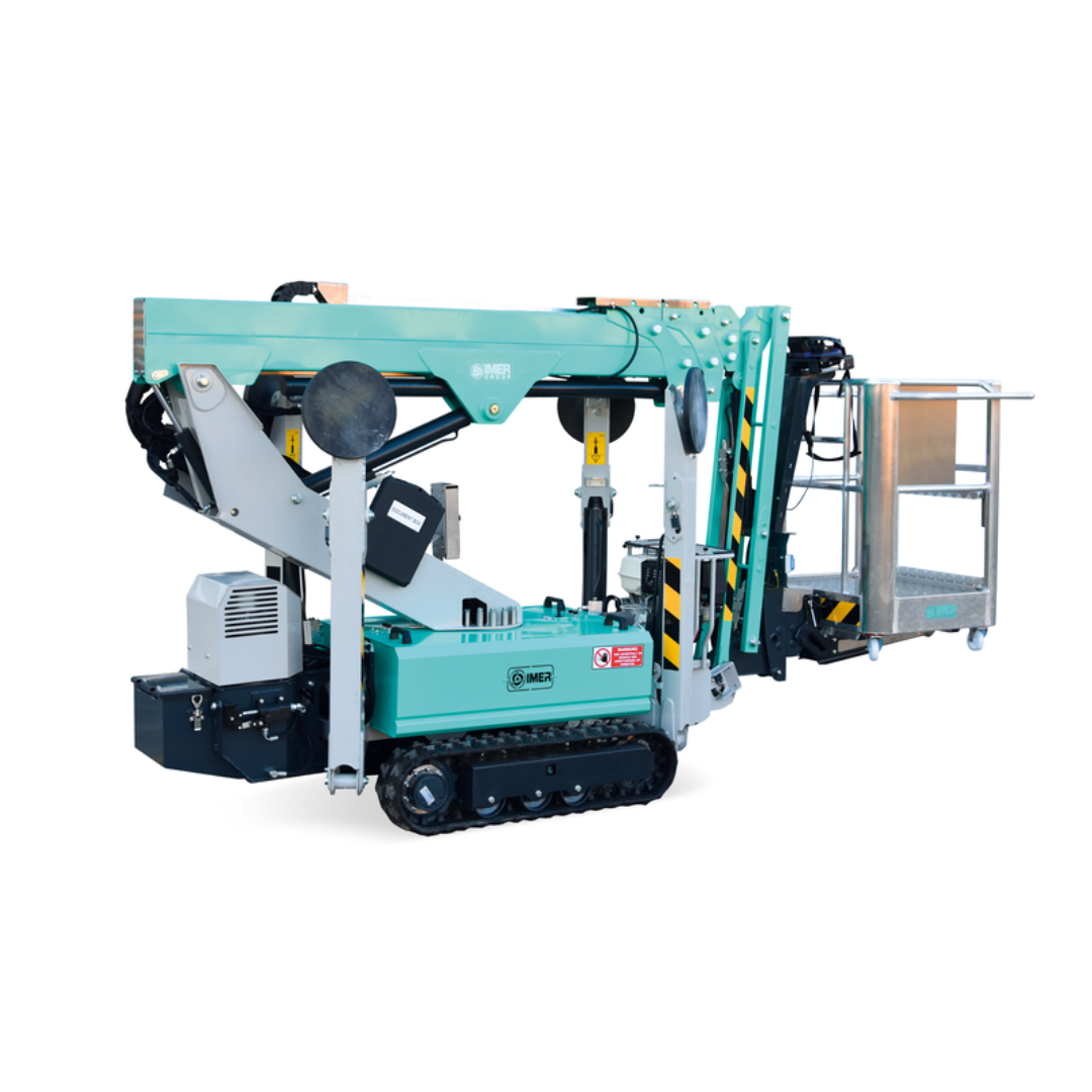 Folded transport position of IMER IM R13 Articulated & Telescopic Lift showing compact crawler base, retractable boom assembly, and narrow transport profile.