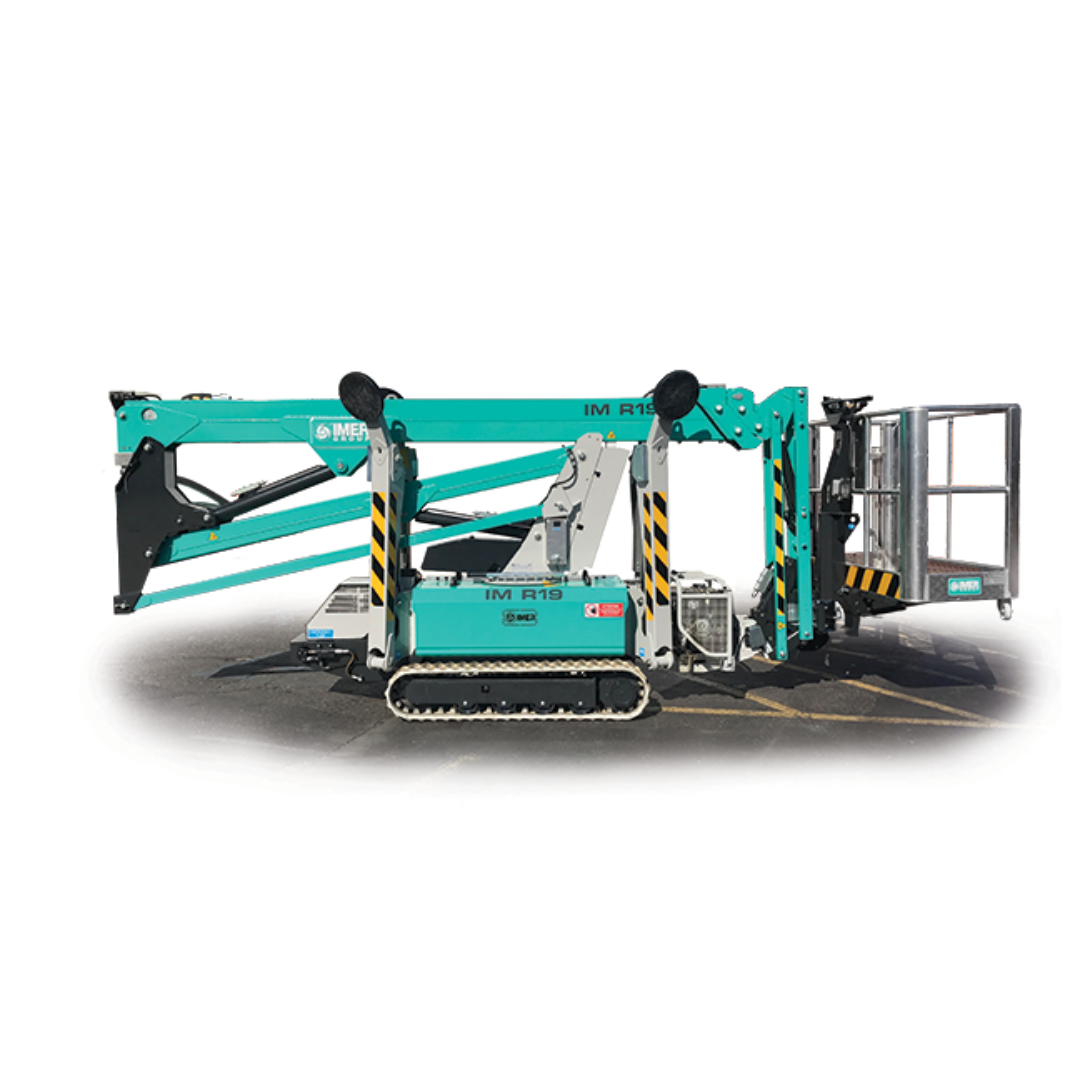 Folded transport position of IMER IM R19 Articulated & Telescopic Lift showing compact crawler chassis and retractable boom assembly for narrow access transport.