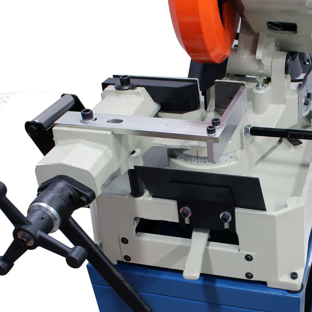 Front-angle view of Baileigh Manual Cold Saw CS-250EU 1002426 material clamping system designed for secure workholding and clean cuts.