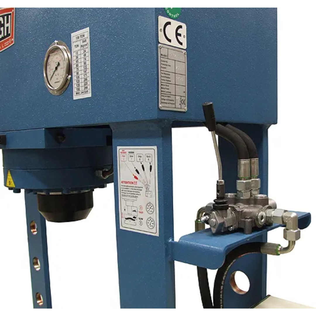 Front-side view of Baileigh Hydraulic Work Shop Press HSP-176M-HD 1012428 showing the hydraulic press head, adjustable work area, and industrial frame construction for heavy-duty workshop use.