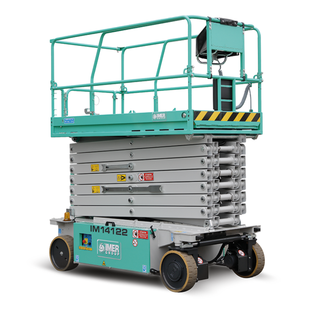 Front-side view of IMER IM 4746 ELECTRIC MICRO SCISSORS LIFTS featuring electric drive system, elevated work basket, and compact maneuverable design.