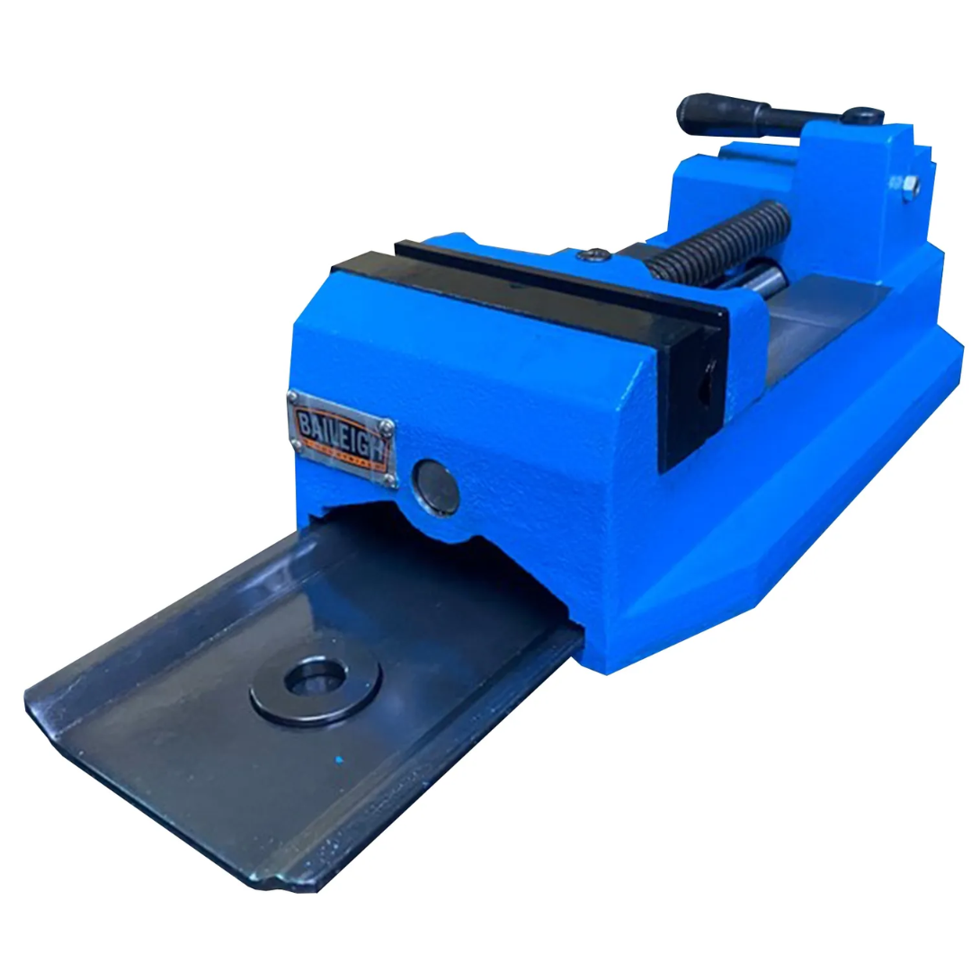 Front angled view of the Baileigh 4" Quick Jaw Vise - (BV-4Q) 1227906 displaying the quick-release jaw mechanism, precision-machined jaws, and robust cast iron body designed for secure workpiece clamping.