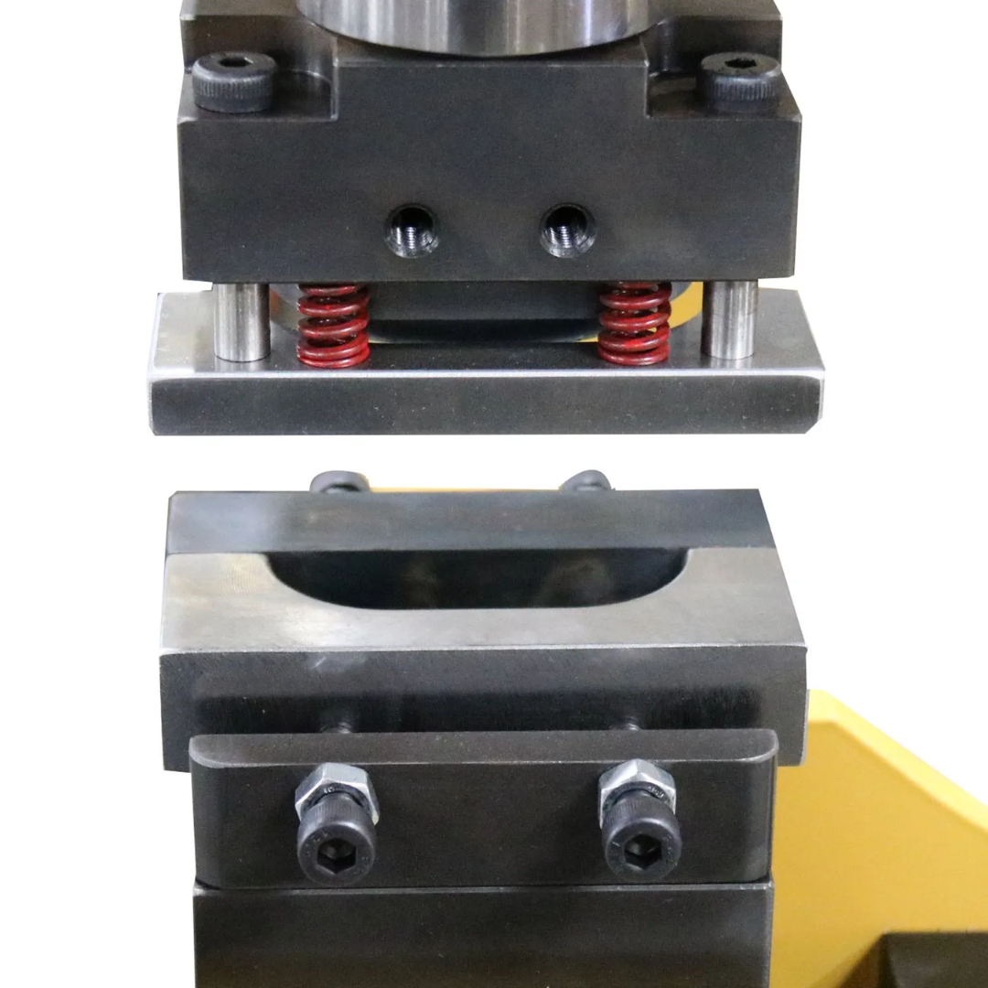 Front close-up of the Baileigh Louver Press LP-48 BA9-LP48 press tooling assembly featuring precision dies for accurate sheet metal louver punching and forming operations.