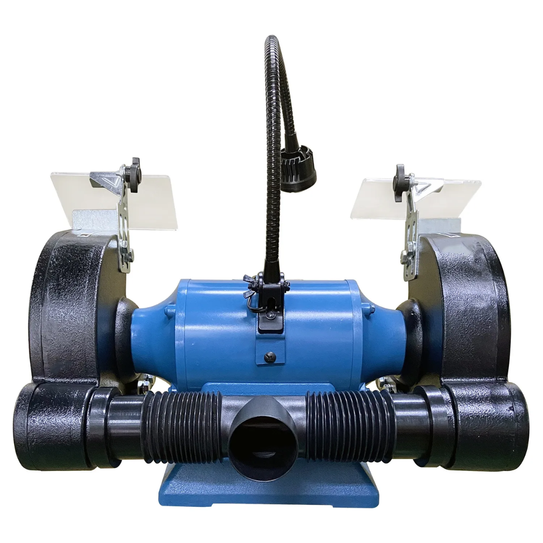 Front view of Baileigh 8" Bench Grinder - (IGB-8) 1227895 showcasing dual-wheel grinding configuration, protective eye shields, and precision grinding setup for fabrication and maintenance work.