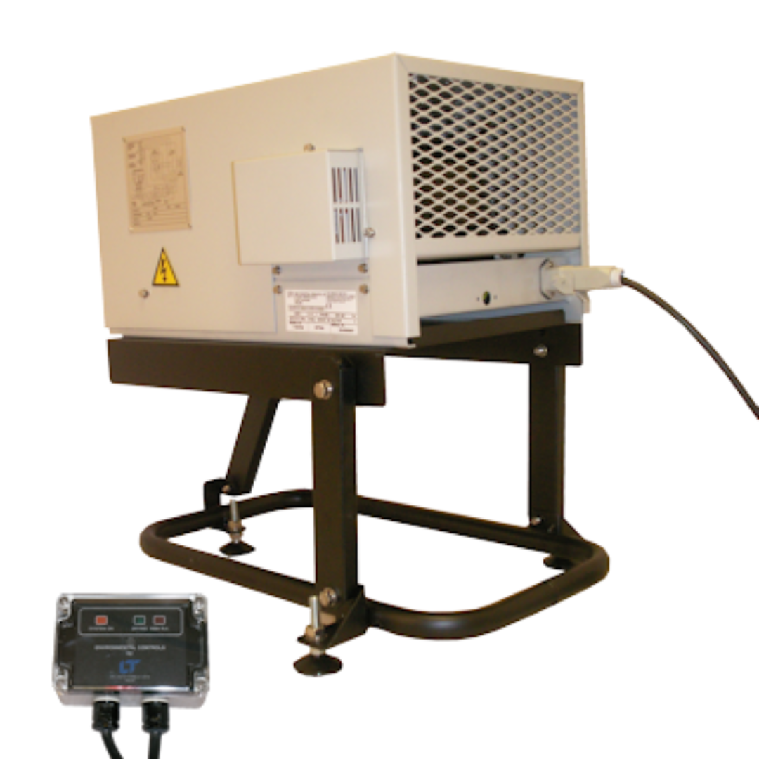 Front view of Ebac SPP6A Dehumidifier 11398GY-US mounted on industrial stand with process airflow outlet and remote control unit for commercial humidity control