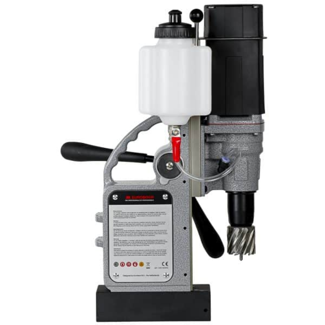 Front view of Euroboor ECO.40S+/IC Magnetic Drilling Machine highlighting integrated internal cooling (IC) system, control panel, and stable magnetic base.