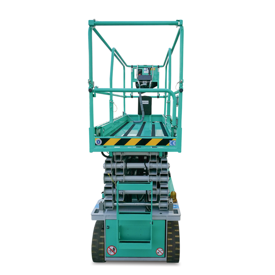 Front view of IMER IM 4740 ELECTRIC MICRO SCISSORS LIFTS showcasing compact electric lift design, elevated work platform, and narrow chassis configuration.