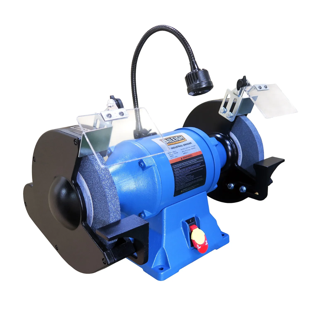 Front view of the Baileigh 10" Industrial Bench Grinder - (IGB-10) 1227896 featuring dual grinding wheels, heavy-duty motor housing, integrated spark guards, and LED work light for industrial grinding applications.