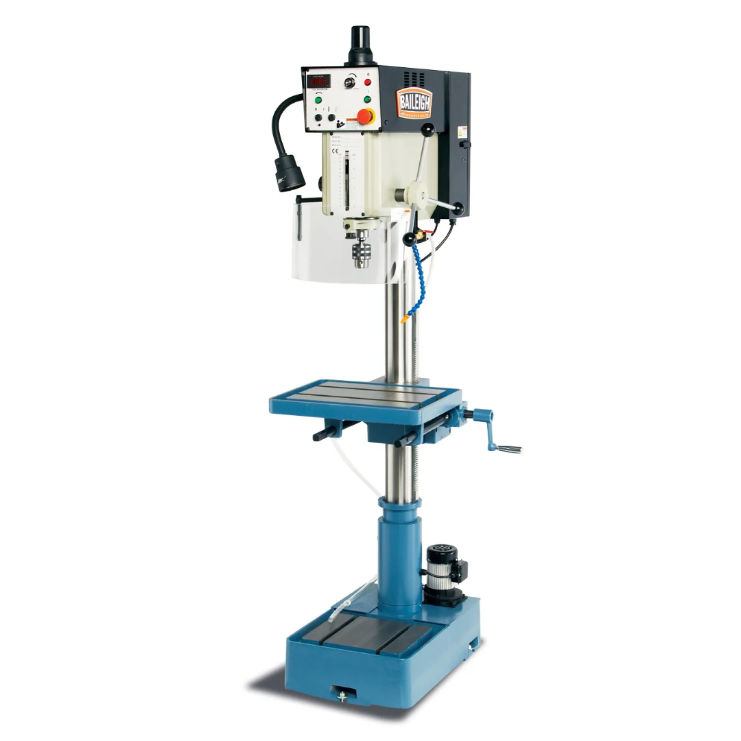 Front view of the Baileigh 16-Inch Variable-Speed Drill Press, 220V 1Ph (DP-1000VS) 1002862 featuring the full machine with variable-speed controls, adjustable work table, and heavy-duty column construction.