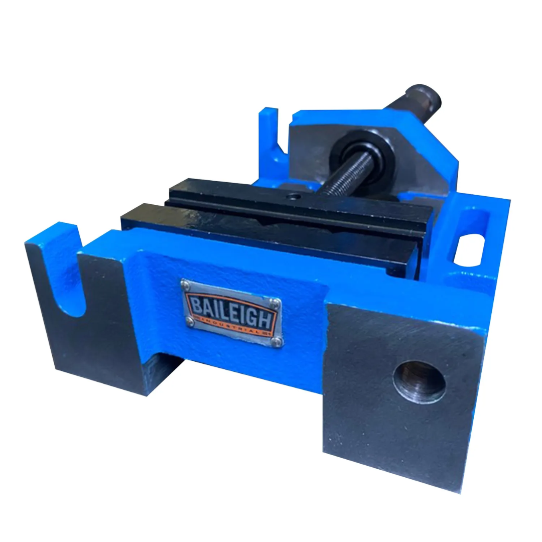 Front view of the Baileigh 4" 3 Way Vise BV-4M-3 1227907 displaying the precision jaw assembly, robust cast-iron frame, and multi-axis adjustment capabilities for secure metalworking and fabrication tasks.