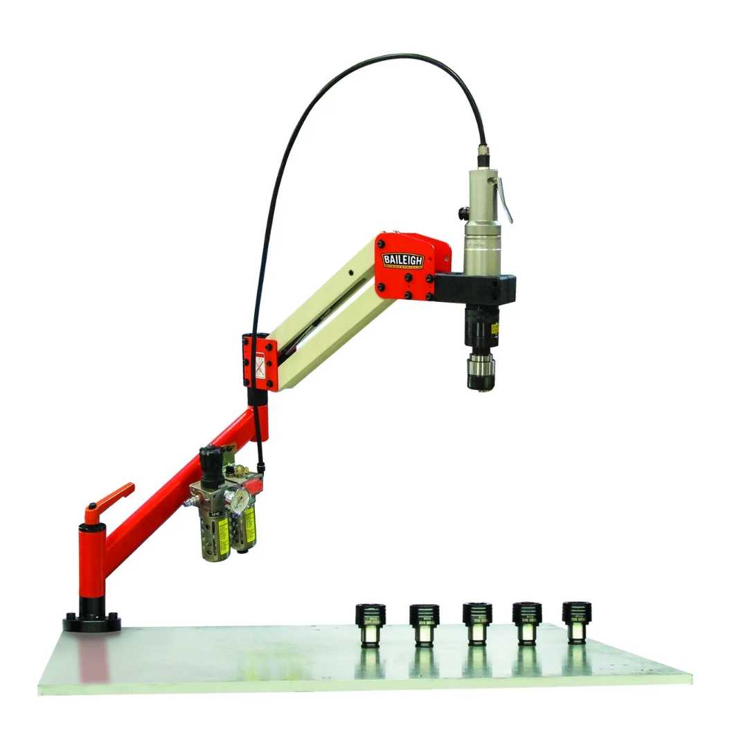 Front view of the Baileigh ATM-27-1000 Pneumatic Tapping Arm 1000326 showing the articulated tapping arm system with multiple tapping collets for precision threading operations.