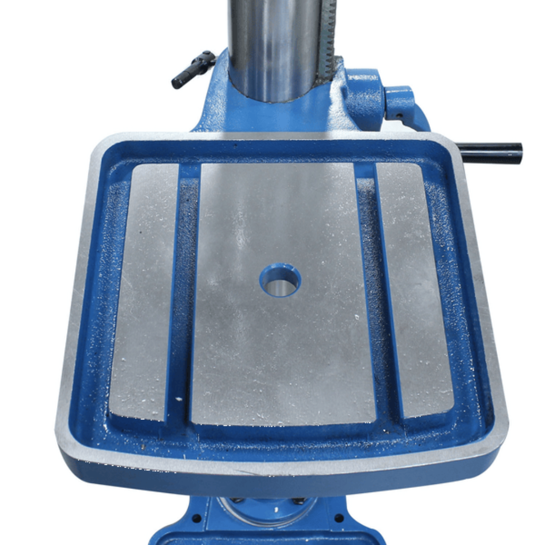 Front view of the Baileigh Belt Driven Drill Press DP-1000E 1022128 adjustable cast iron worktable designed for accurate drilling and dependable workpiece support.
