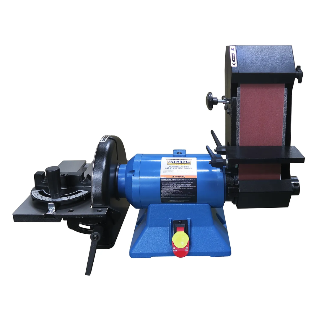 Front view of the Baileigh Combination Belt and Disk Grinder - (DBG-9436) 1227901 combination belt and disc grinder with durable industrial construction and compact footprint.