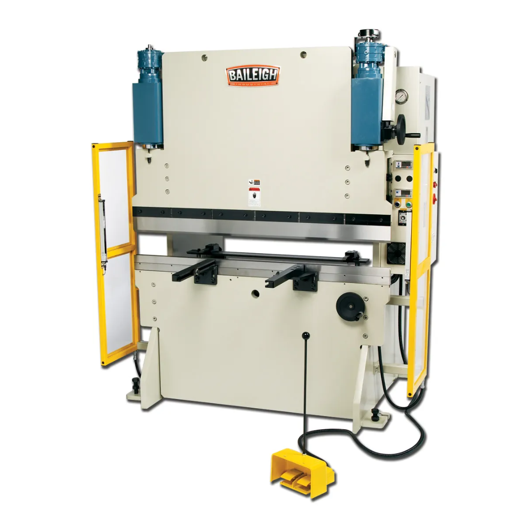 Front view of the Baileigh Hydraulic Sheet Metal Press Brake - BP-5060NC 1000824 showing the full hydraulic bending system with safety guards, NC controls, and foot pedal operation for precision sheet metal forming.