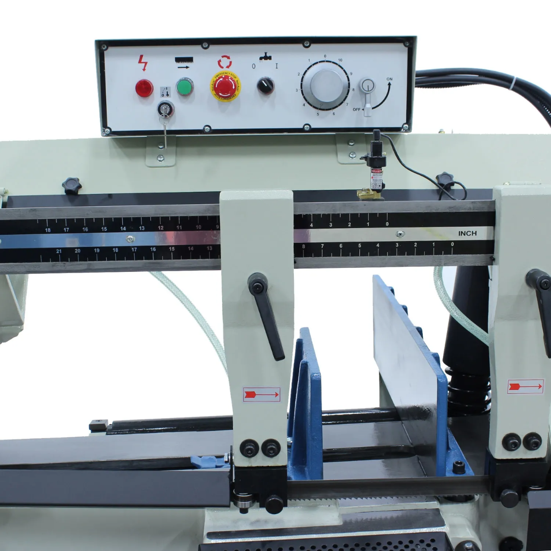 Front view of the operator control panel on the Baileigh Metal Cutting Bandsaw - BS-330M 1001517 featuring machine controls, indicator lights, and easy-access operating functions.