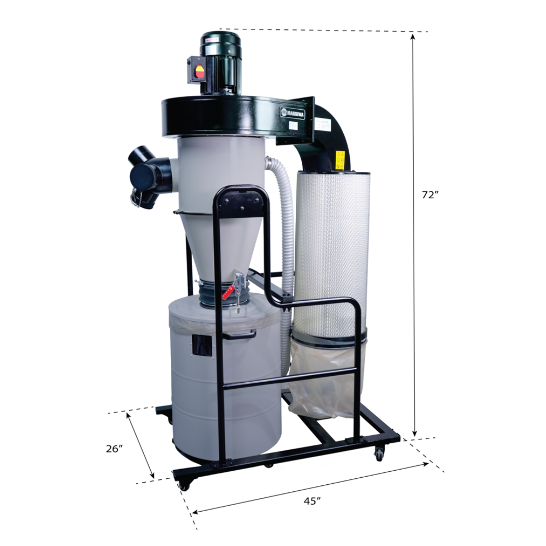 Full front view of Maksiwa CY_3.C cyclone dust collector with dual filtration bags