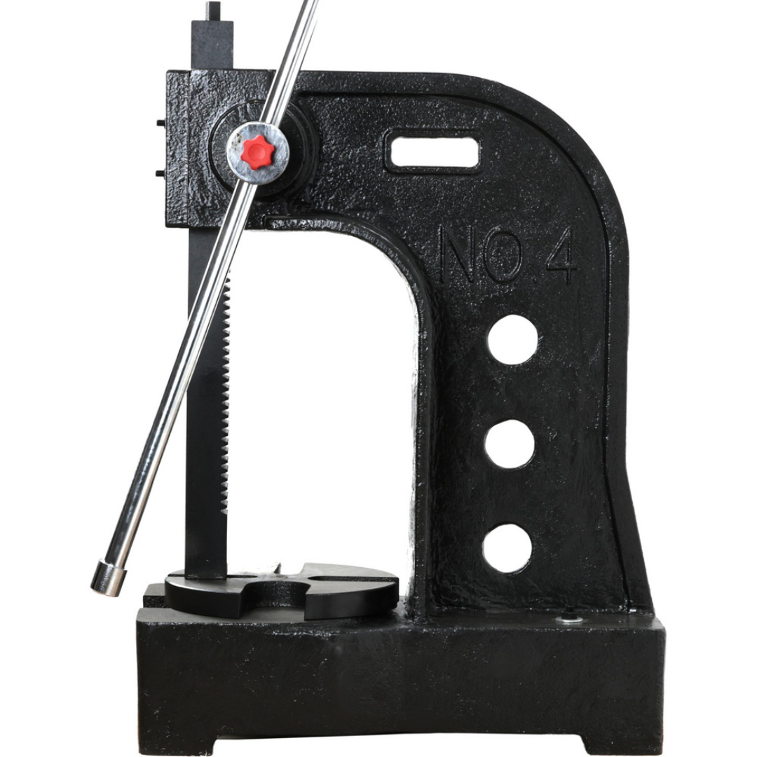 Gibraltar Arbor Press 805-10402 front side view displaying the precision rack-and-pinion ram, reinforced frame, and ergonomic operating handle for accurate metalworking and assembly tasks.