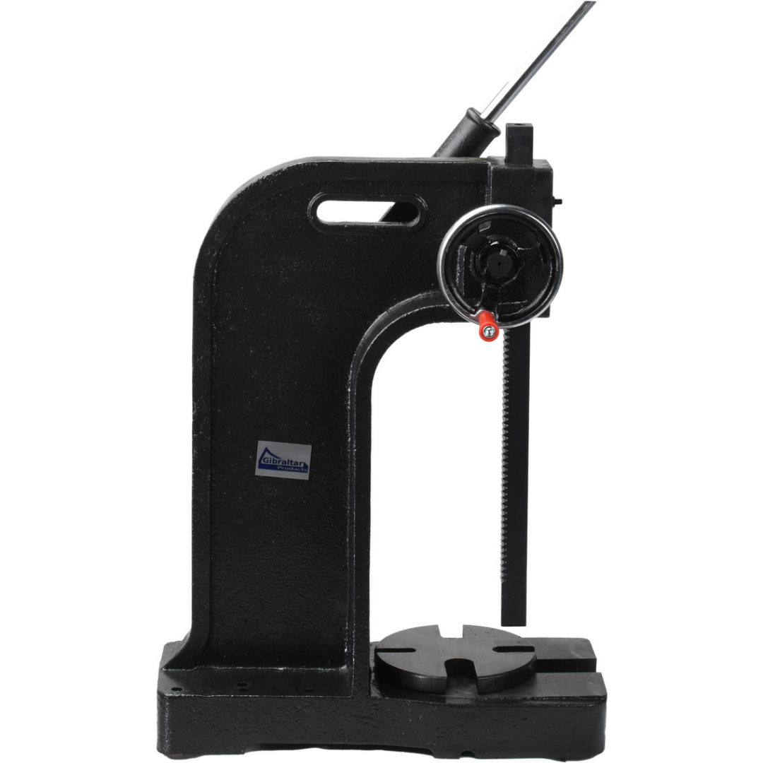 Gibraltar Arbor Press 805-11305 front view showing a heavy-duty manual arbor press with adjustable ram, leverage handle, and slotted base for precision pressing, staking, broaching, riveting, and bearing installation applications.
