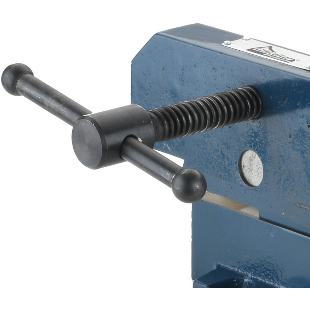 Gibraltar Horizontal Drill Press Vise 428-83182 close-up view featuring the operating handle, lead screw assembly, and heavy-duty cast iron construction for reliable drilling, machining, and fabrication workholding.