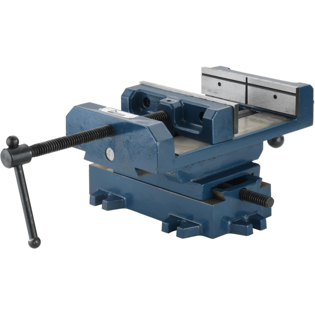 Gibraltar Horizontal Drill Press Vise 428-83182 side perspective displaying the manual lead screw, horizontal vise body, precision jaw alignment, and mounting hardware for secure metalworking operations.
