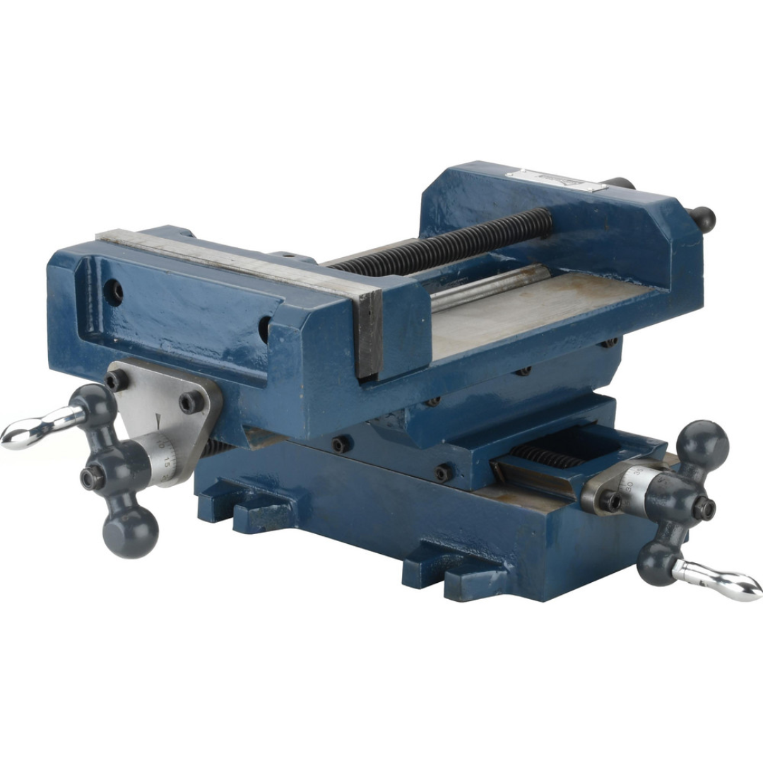Gibraltar Horizontal Drill Press Vise 428-83182 three-quarter view highlighting the precision-ground jaws, rigid cast iron construction, adjustable mounting base, and durable workholding design for drill presses and milling machines.