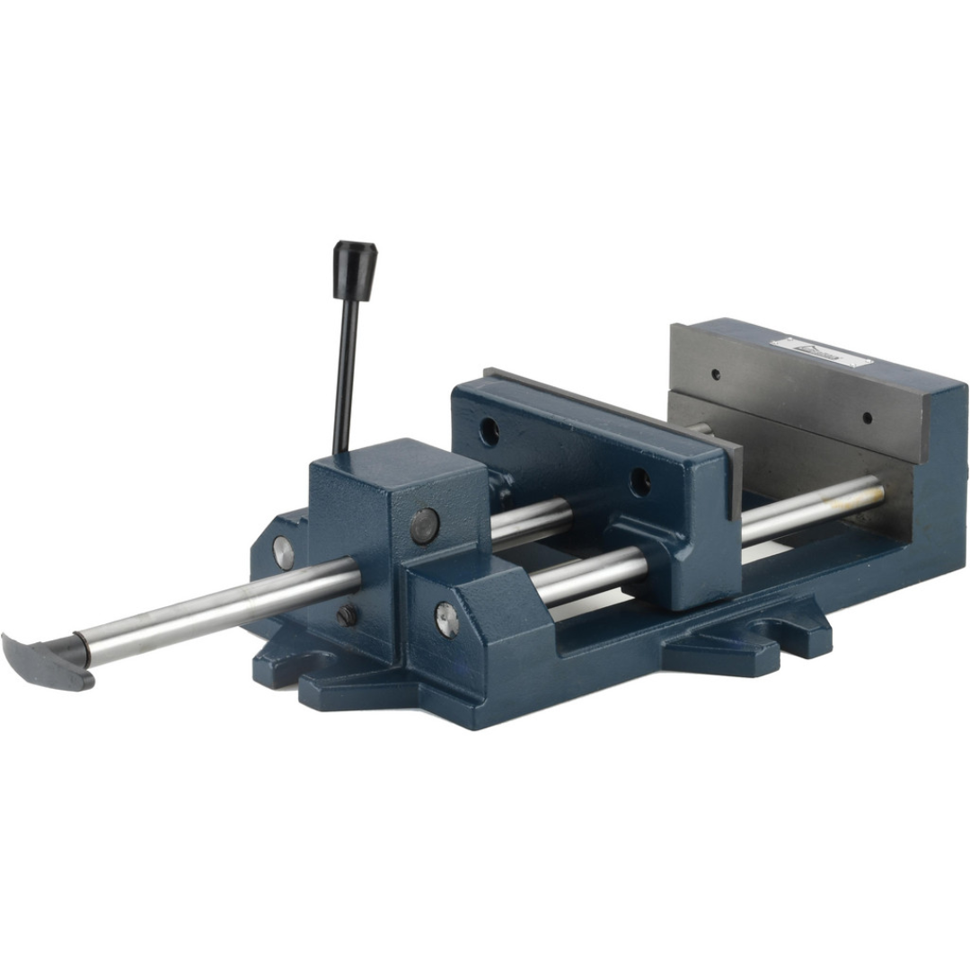 Gibraltar Horizontal Drill Press Vise 428-85082 side view highlighting the horizontal clamping mechanism, precision guide rods, and durable base for repeatable machining accuracy.