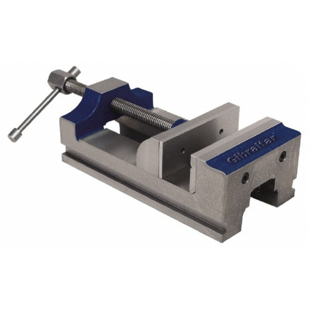 Gibraltar Horizontal Drill Press Vise G-110184 mounted precision drill press vise with hardened steel jaws, heavy-duty cast construction, precision lead screw, and rigid base designed for accurate workholding during drilling, milling, machining, and metalworking applications.