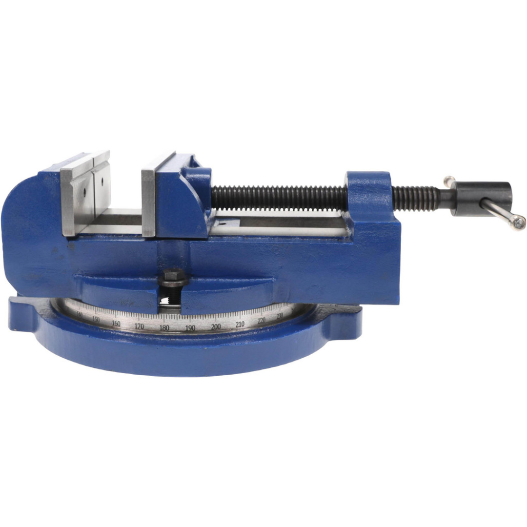 Gibraltar Machine Vise: Light Duty, Single-Station Swivel Base G-110922 front angled view showing the light-duty cast iron body, precision steel jaws, 360-degree swivel base, and manual operating handle for milling and drilling applications.