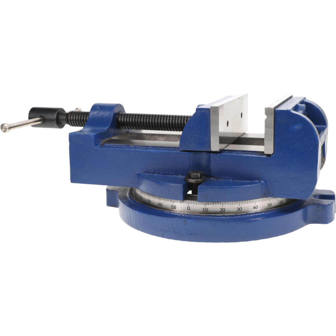 Gibraltar Machine Vise: Light Duty, Single-Station Swivel Base G-110922 side perspective displaying the manual lead screw, fixed jaw, and swivel base for accurate positioning during machining operations.