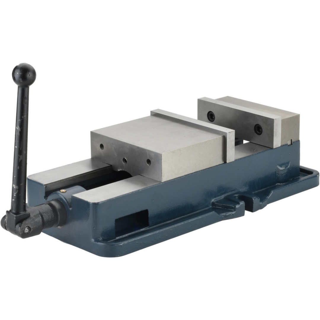 Gibraltar Machine Vise: Single-Station Stationary Base 428-72682 side perspective displaying the manual lead screw, precision jaw alignment, and stationary base for CNC and manual milling machine operations.
