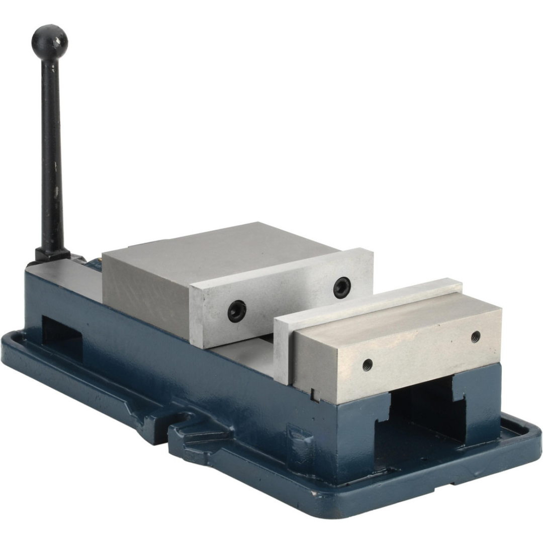 Gibraltar Machine Vise: Single-Station Stationary Base 428-72682 three-quarter view highlighting the precision-machined jaws, fixed base, and durable cast body for accurate workholding in machine shops.