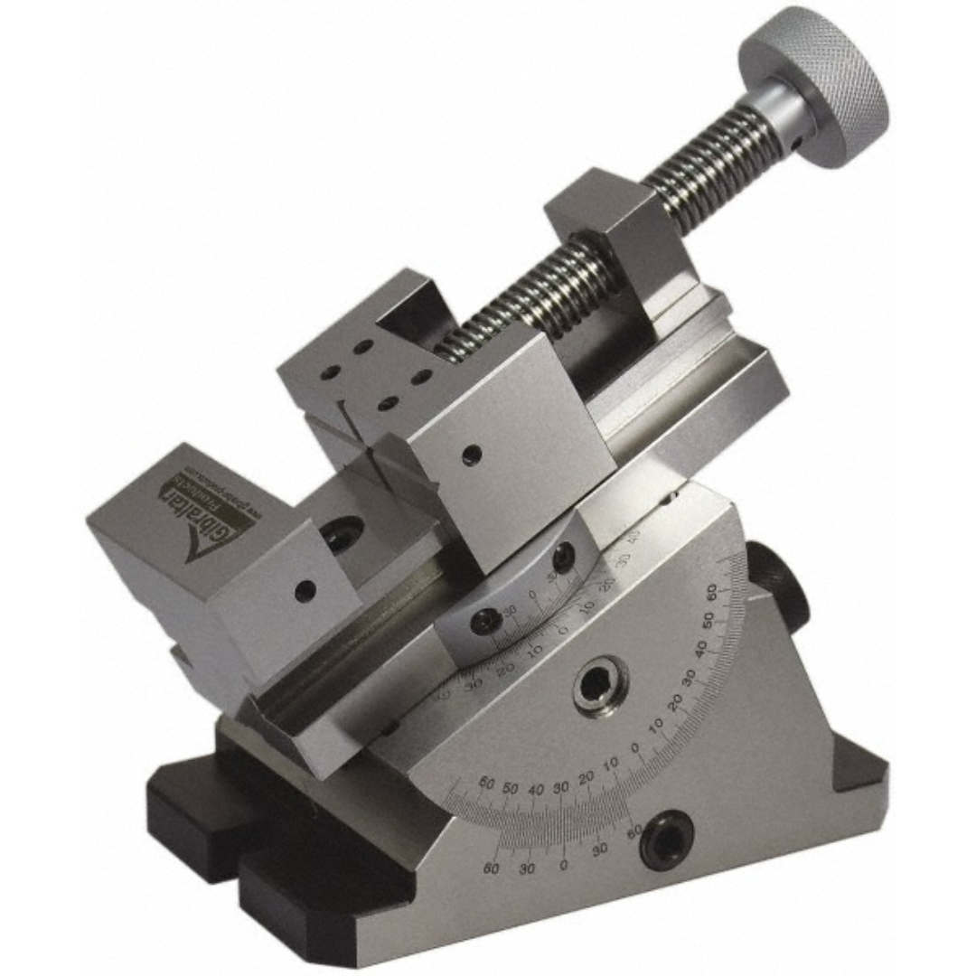 Gibraltar Machine Vise: Single-Station Swivel Base 110090 precision single-station machine vise with adjustable swivel base, angle indexing scale, hardened jaws, and manual lead screw for accurate milling, grinding, inspection, and machining applications.