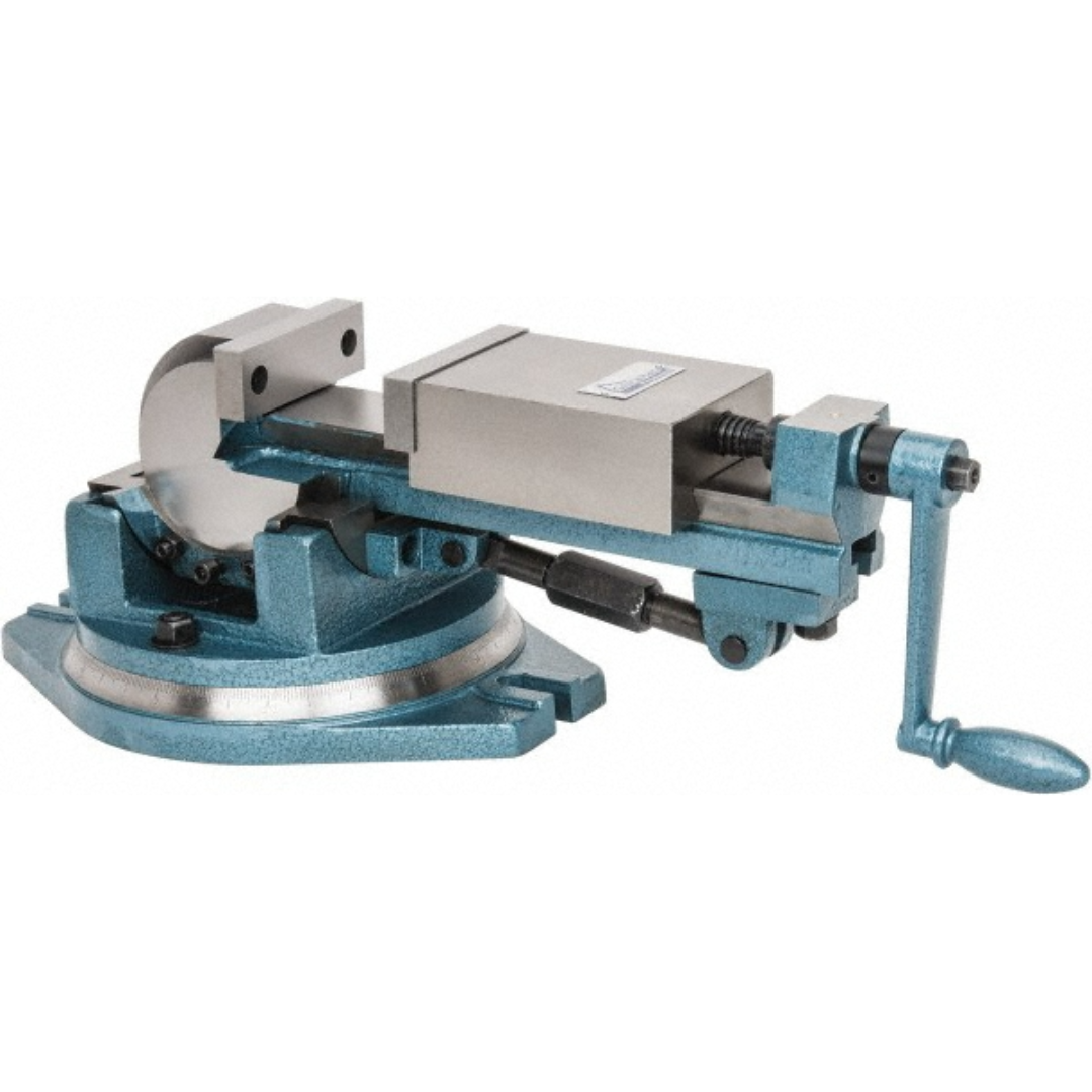 Gibraltar Machine Vise: Single-Station Swivel Base 110952 heavy-duty single-station machine vise with swivel base, precision steel jaws, and manual crank handle for milling, drilling, grinding, and industrial machining applications.