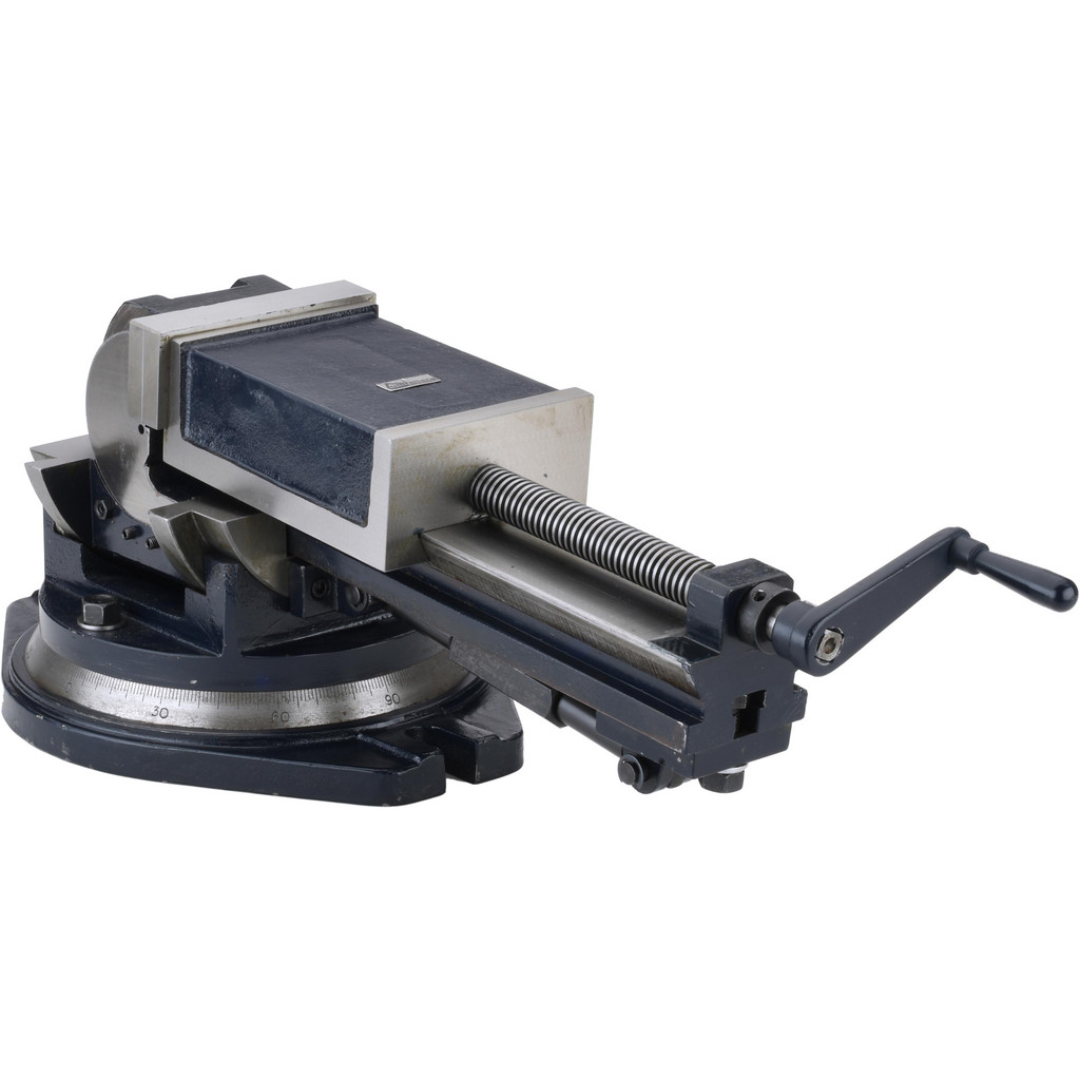 Gibraltar Machine Vise: Single-Station Swivel Base 110953 front angled view showing the precision-machined jaws, 360-degree swivel base, heavy-duty cast body, and manual operating handle for milling and machining applications.