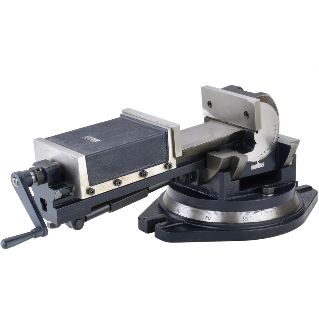 Gibraltar Machine Vise: Single-Station Swivel Base 110953 side perspective displaying the manual lead screw, precision jaw alignment, and swivel base for CNC and manual milling machine operations.