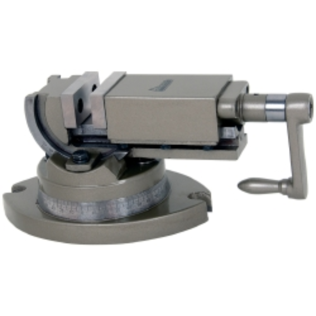 Gibraltar Machine Vise: Single-Station Swivel Base, Precision 110029 precision single-station machine vise with swivel base, hardened steel jaws, and manual crank handle for accurate milling, drilling, grinding, and CNC machining applications.