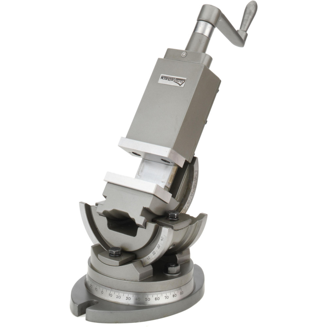 Gibraltar Machine Vise Single-Station Swivel Base Precision 110051 shown in a tilted position highlighting the precision swiveling mechanism for multi-angle machining and secure workholding.