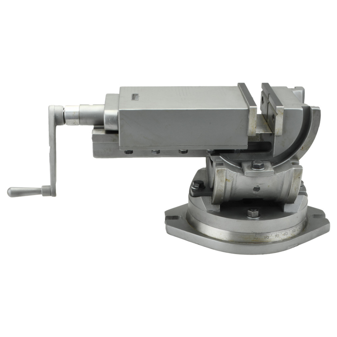 Gibraltar Machine Vise: Single-Station Swivel Base, Precision 110054 front view showing a precision machine vise with swivel base, hardened jaws, and manual crank handle for accurate milling, drilling, and machining applications.