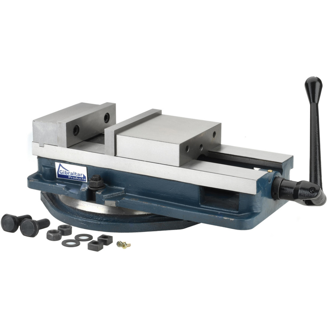 Gibraltar Machine Vise: Single-Station Swivel Base, Precision 428-72692 front angled view showing the precision-machined steel jaws, 360-degree swivel base, manual operating handle, and rigid cast iron body for milling and machining applications.