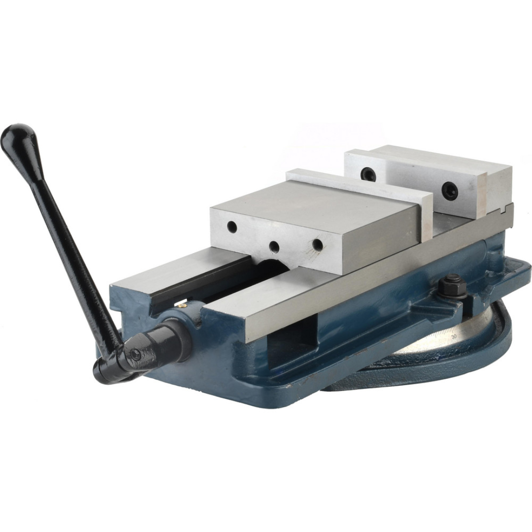 Gibraltar Machine Vise: Single-Station Swivel Base, Precision 428-72692 side perspective displaying the manual lead screw, precision jaw alignment, swivel base, and robust design for CNC and manual milling machines.