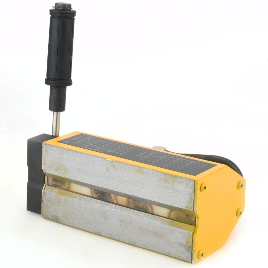 Gibraltar Magnetic Lifter: 1,600 lb Capacity 1PLM-102-G rear view showing the magnetic contact surface and manual activation lever for secure steel lifting operations.