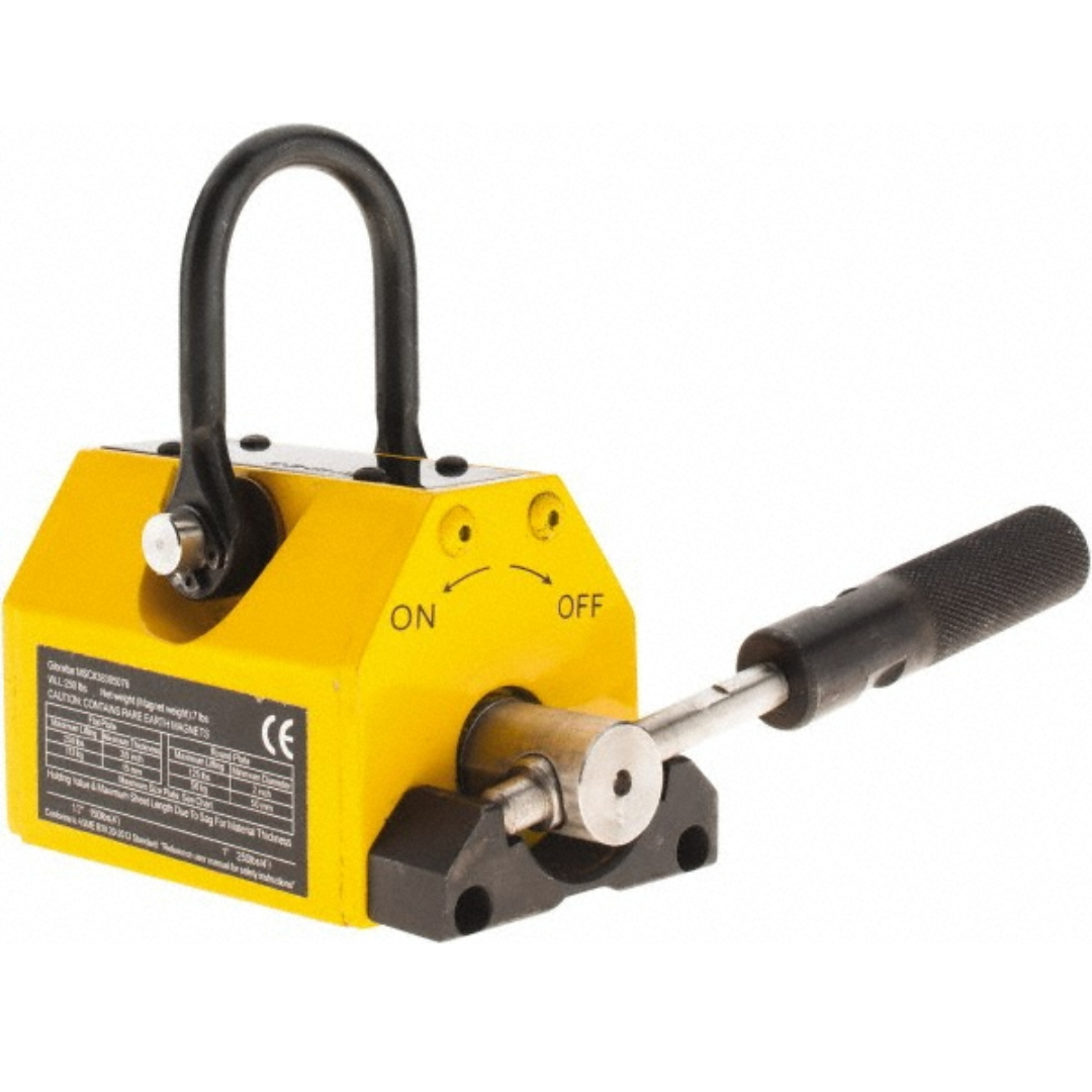 Gibraltar Magnetic Lifter: 2,500 lb Capacity 1PLM-103-G front view showing a heavy-duty permanent magnetic lifter with ergonomic release handle for safely lifting steel plates, blocks, and round stock.
