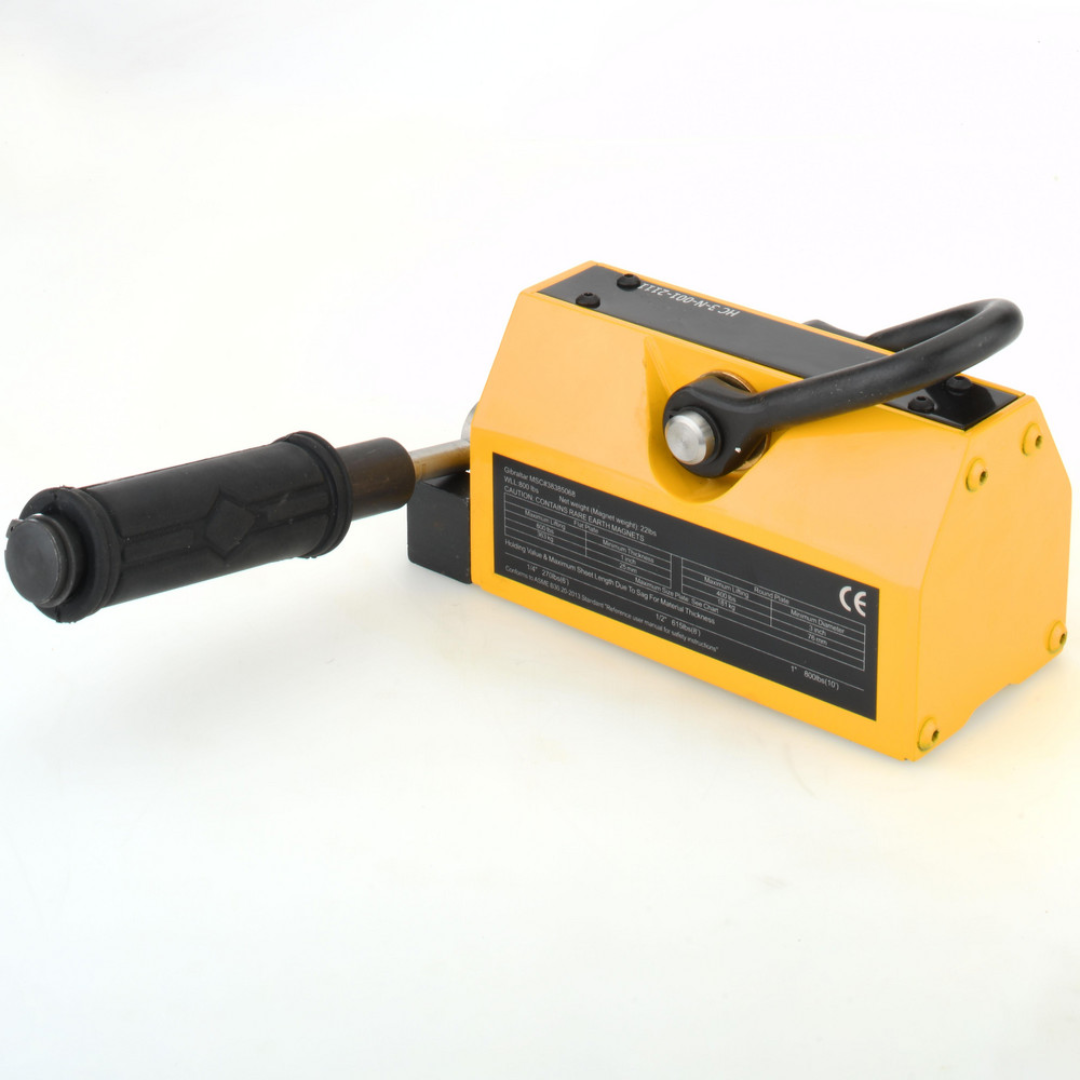 Gibraltar Magnetic Lifter 800 lb Capacity 1PLM-101-G angled product view with durable yellow housing and manual control handle for efficient lifting and positioning of ferrous metal components.