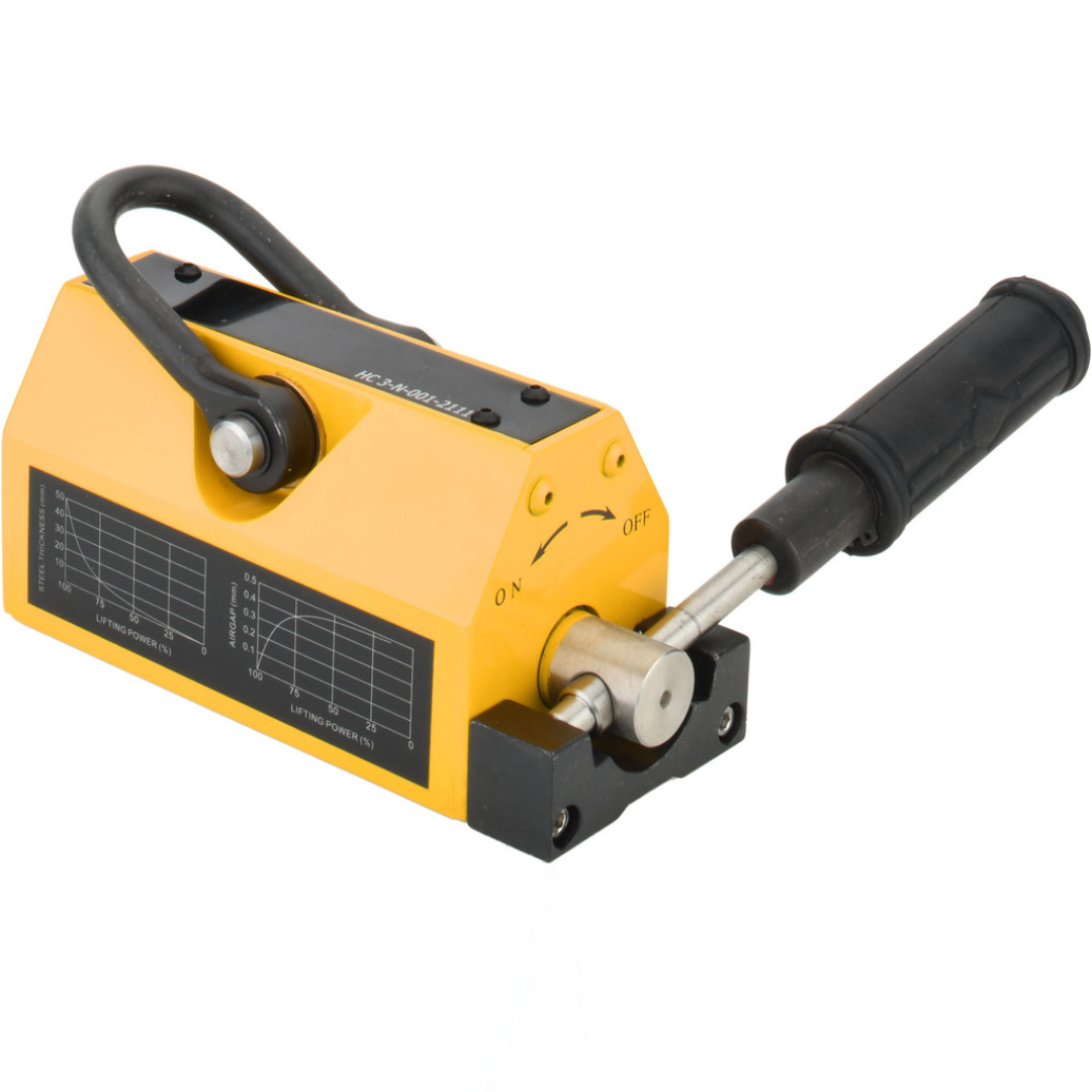 Gibraltar Magnetic Lifter 800 lb Capacity 1PLM-101-G permanent magnetic lifting device with ergonomic release handle, compact steel housing, and heavy-duty design for safely lifting steel plates, blocks, pipes, and ferrous materials.