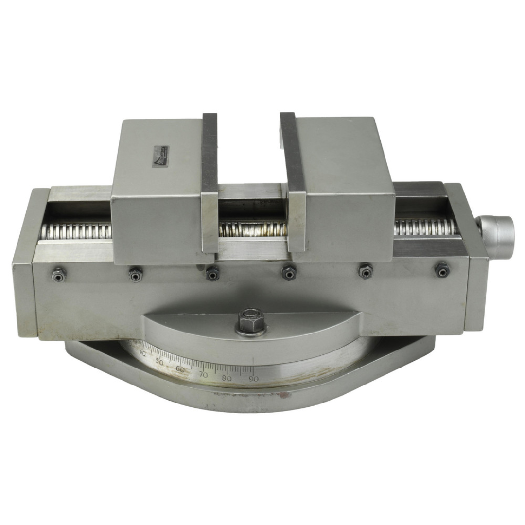 Gibraltar Self-Centering Vise: 6.0000" Max Jaw Opening 110083 angled front view highlighting the self-centering jaw mechanism and heavy-duty swivel base for precision workholding.