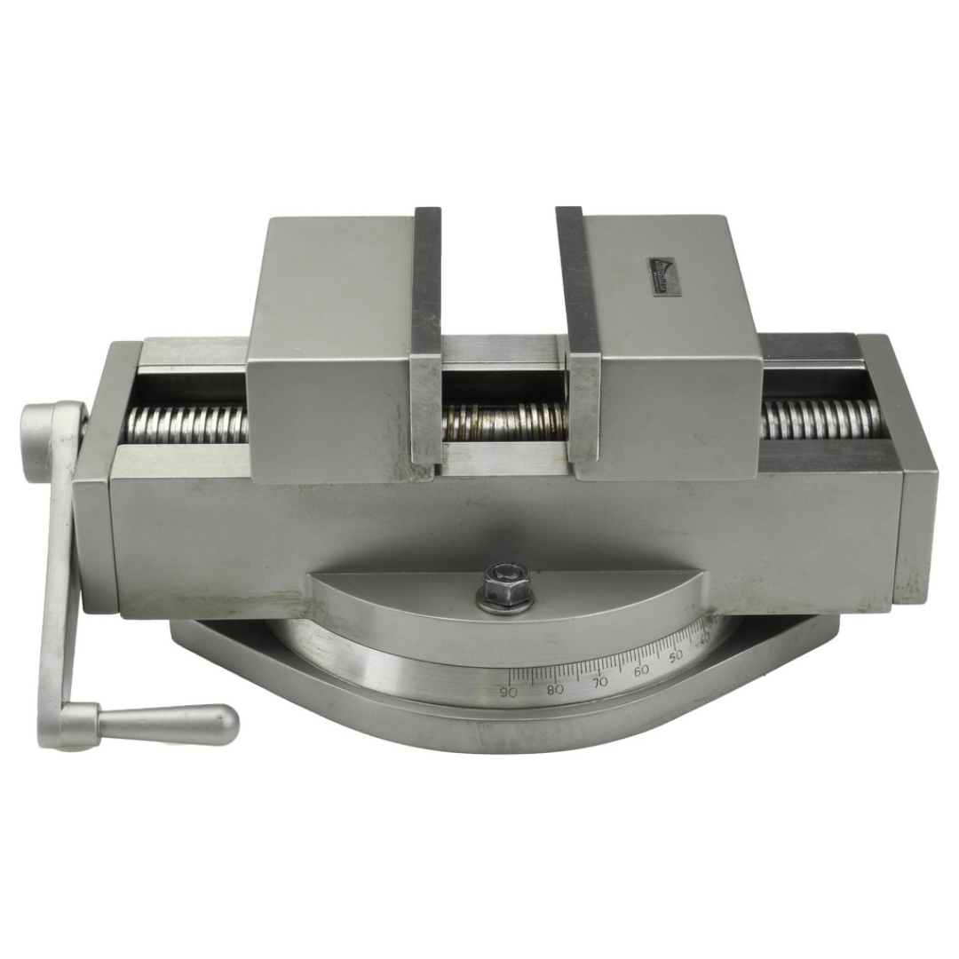 Gibraltar Self-Centering Vise: 6.0000" Max Jaw Opening 110083 front view showing a precision self-centering machine vise with hardened jaws, swivel base, and manual crank handle for accurate CNC milling and machining applications.